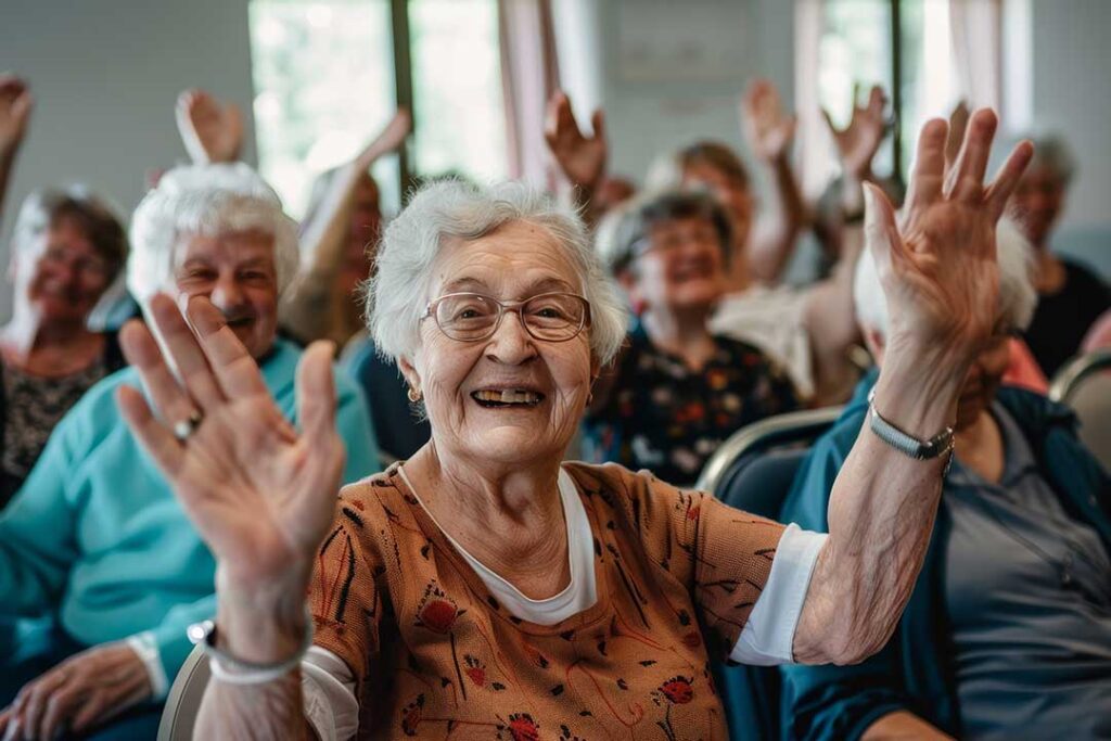 Older adult arranging family photos in a new assisted living room with a relative nearby